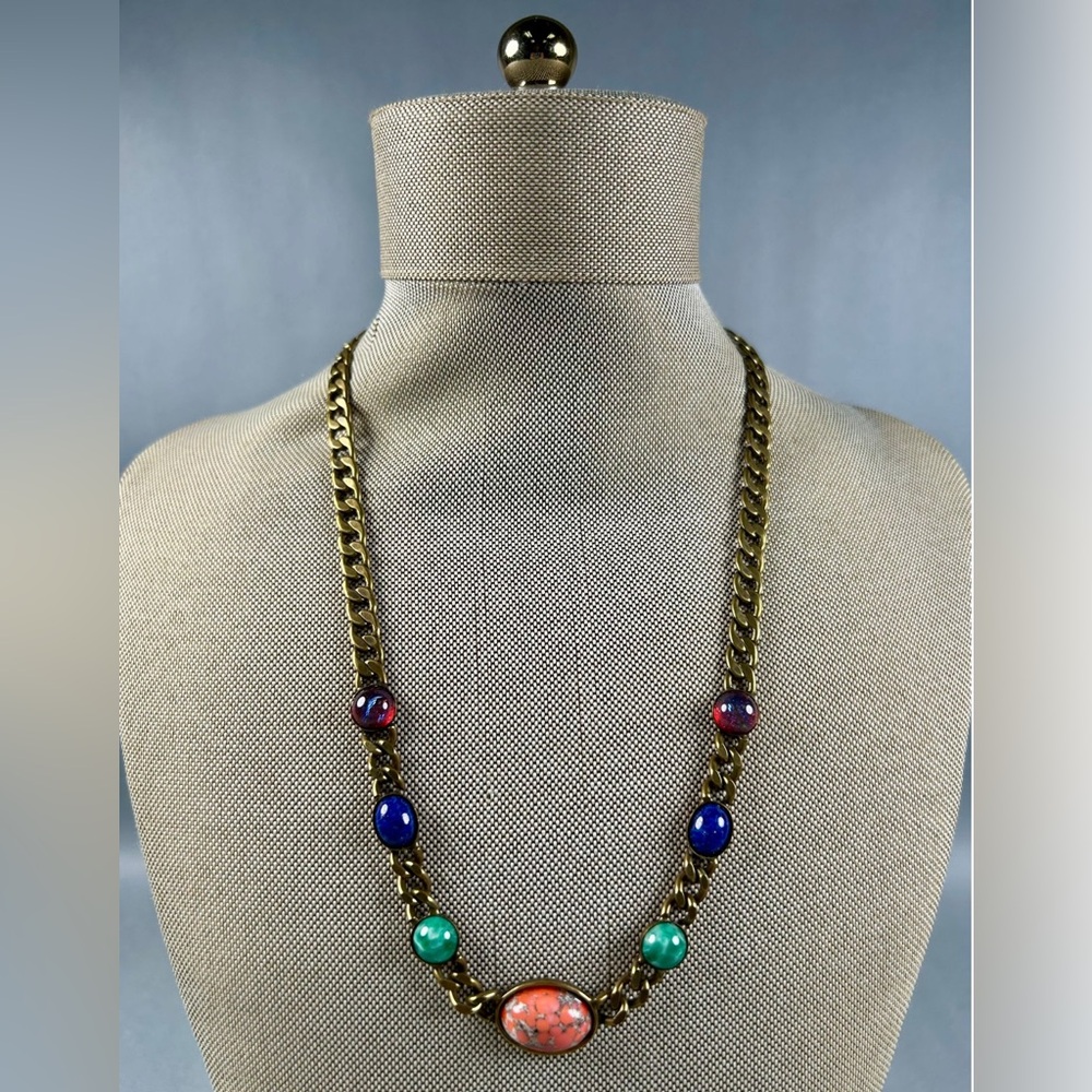 Sorrelli Multicolor Natural Stone & Bead Necklace. Brushed Brass Chain.